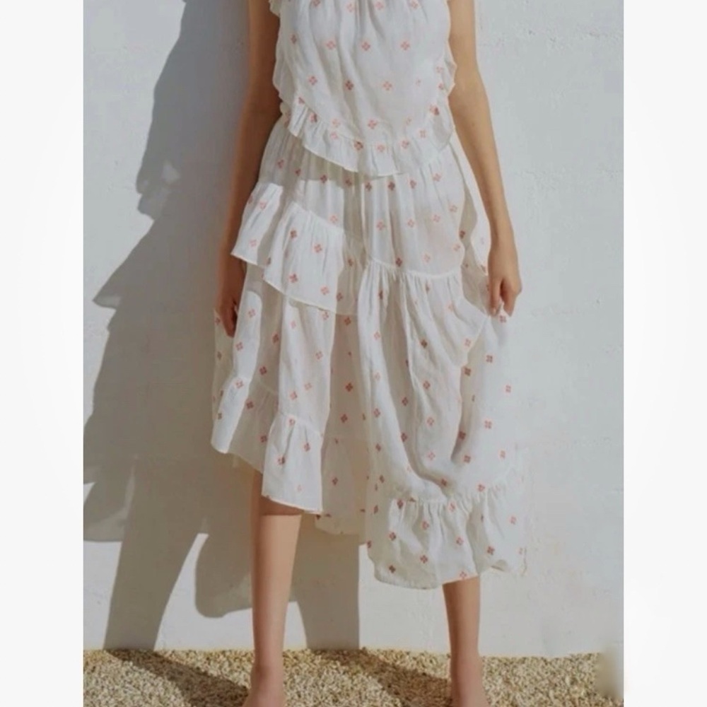 Anaak Delá Embroidered Asymmetrical Ruffle Midi Skirt Rouge Blanc Jamdani 0 XS